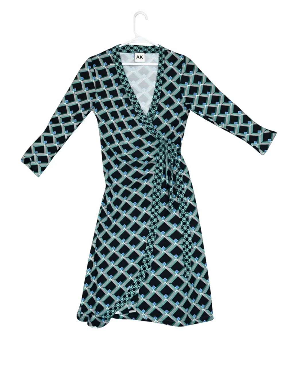 Anne Klein Black and Teal Geometric Wrap Dress - Picture 2 of 3